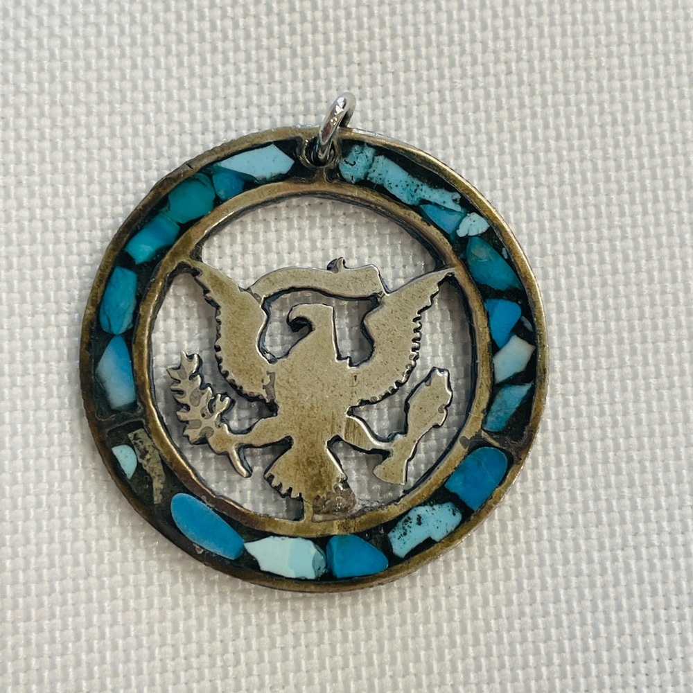 Vtg Native American Silver Turquoise Eagle Bird Necklace Pendant